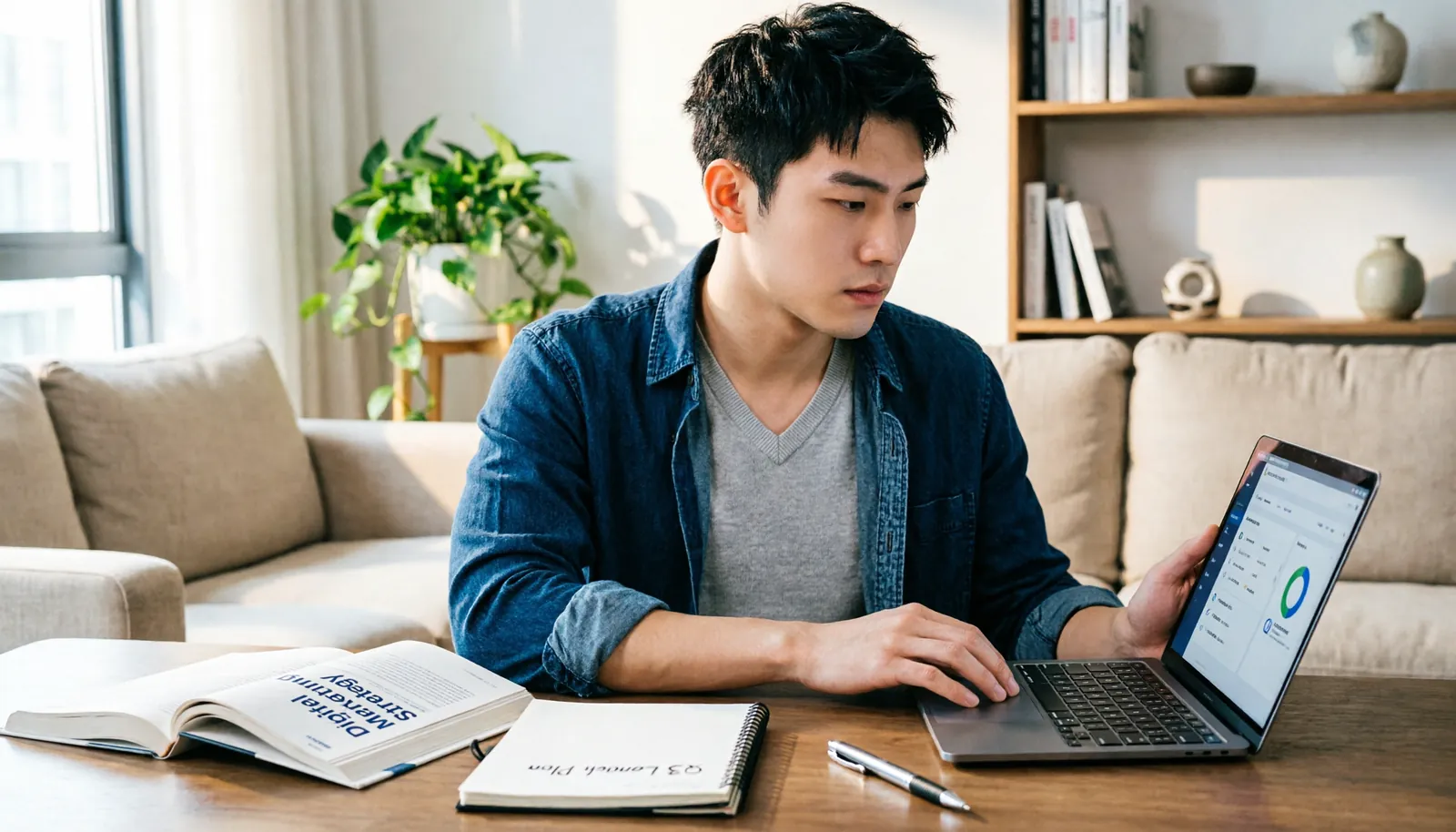An aspiring entrepreneur learning how to build a dropshipping business at a desk.