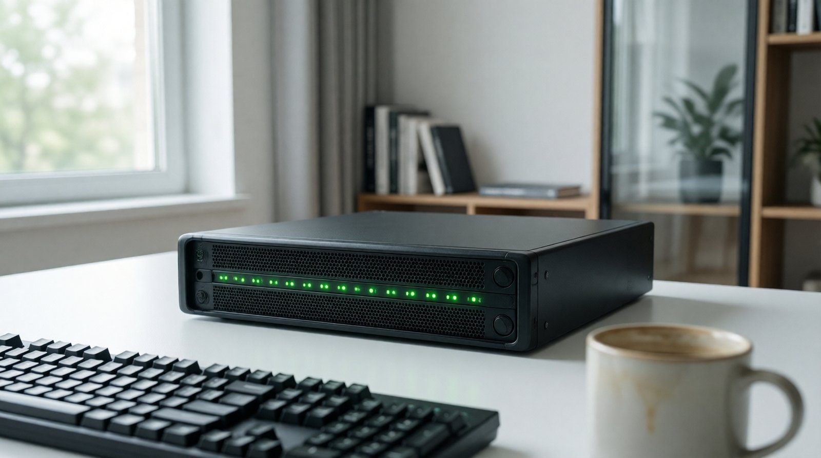 Compact server unit with green LEDs on white desk representing affordable Node.js bot hosting