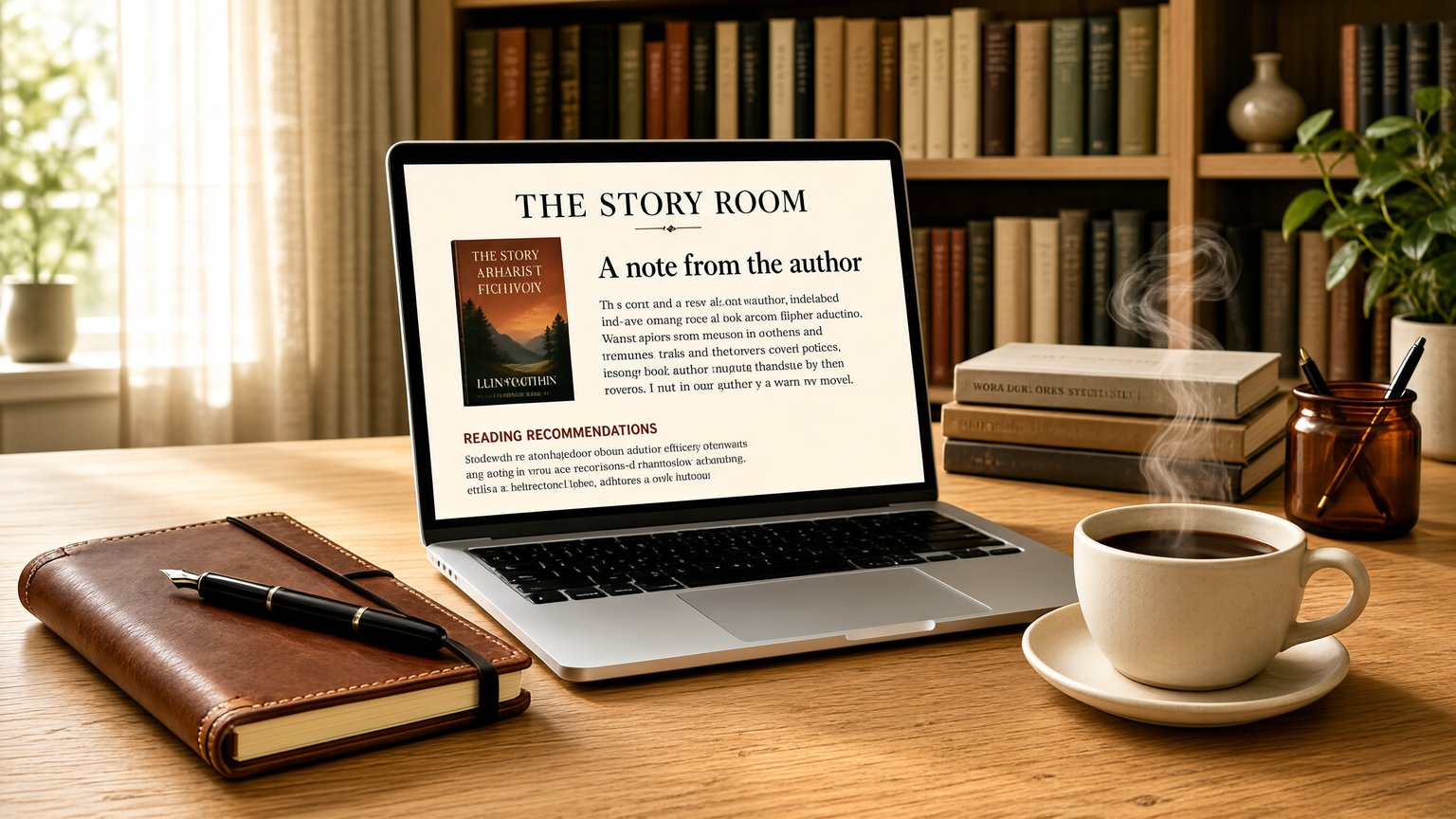 A cozy desk setup for a fiction author building an email platform list.