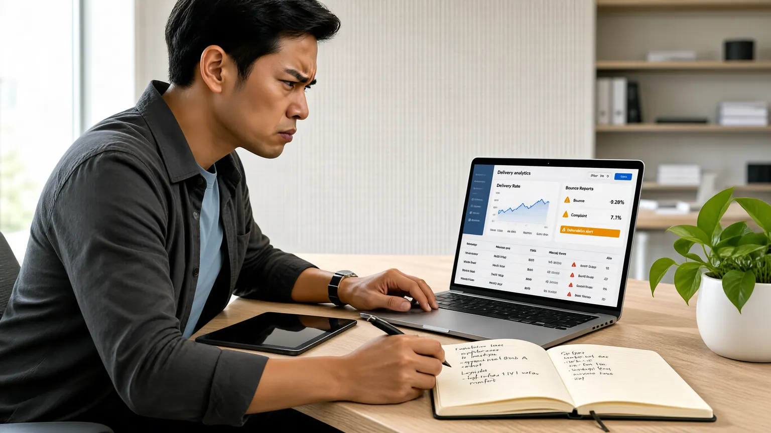 A fiction author troubleshooting email delivery issues on their laptop in a home office.