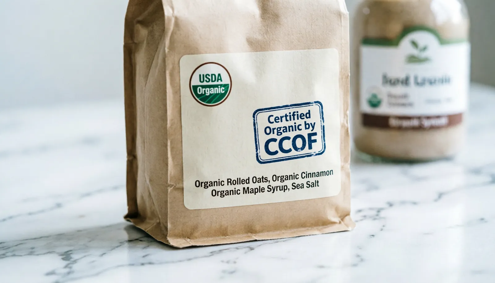 High-quality organic food packaging showing clear safety certifications and professional labeling.