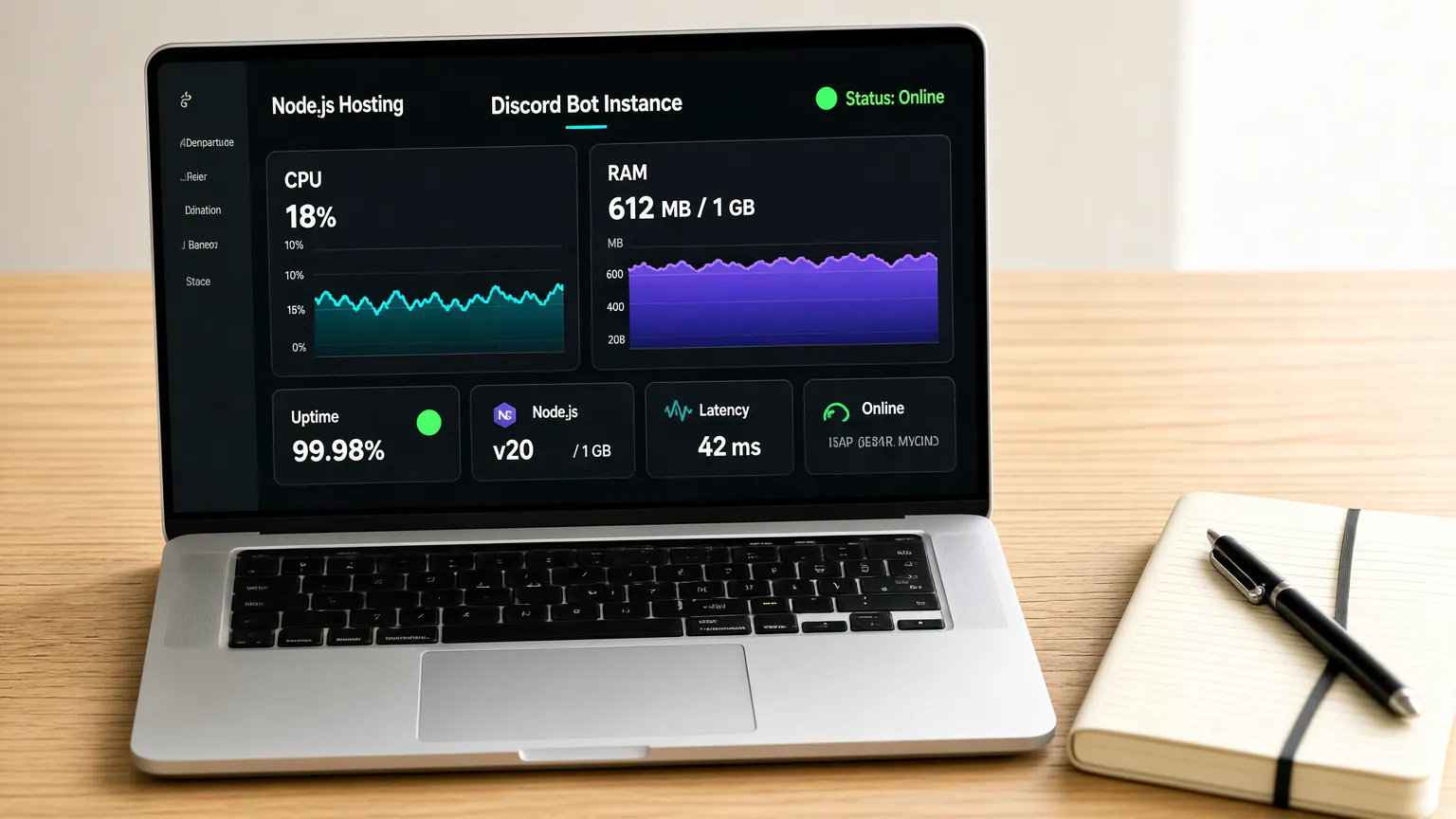Laptop showing resource monitoring graphs on oak desk for bot hosting settings