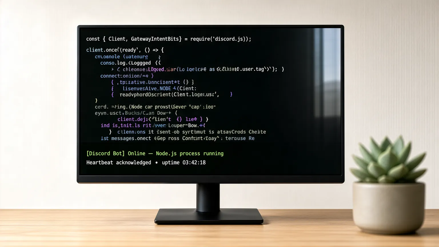 Monitor displaying JavaScript terminal code on wooden desk for continuous bot operation