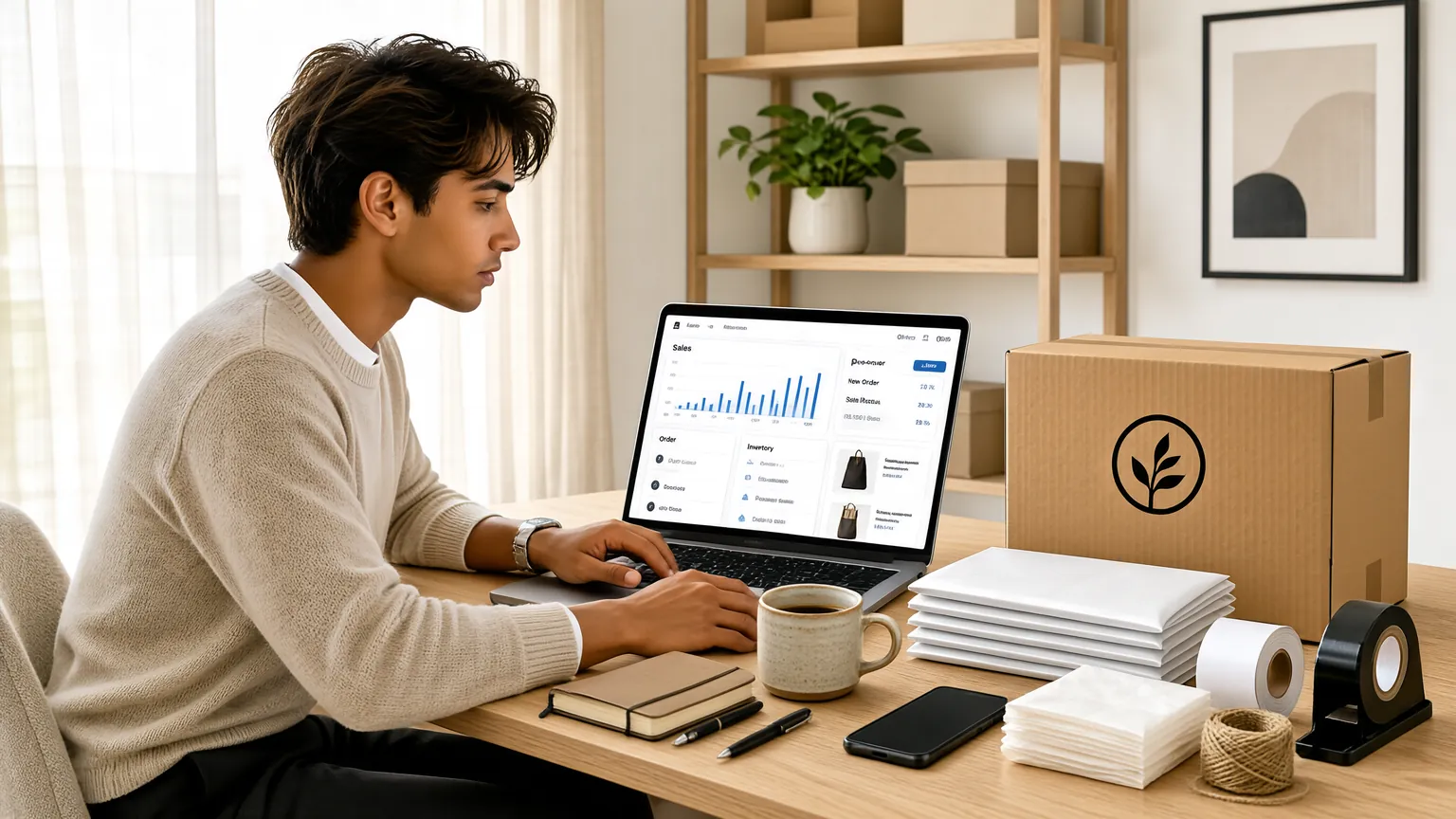 How to Hide Supplier Address on Shipping Labels for Dropshipping 1 An online store owner working on their e-commerce business at a desk.