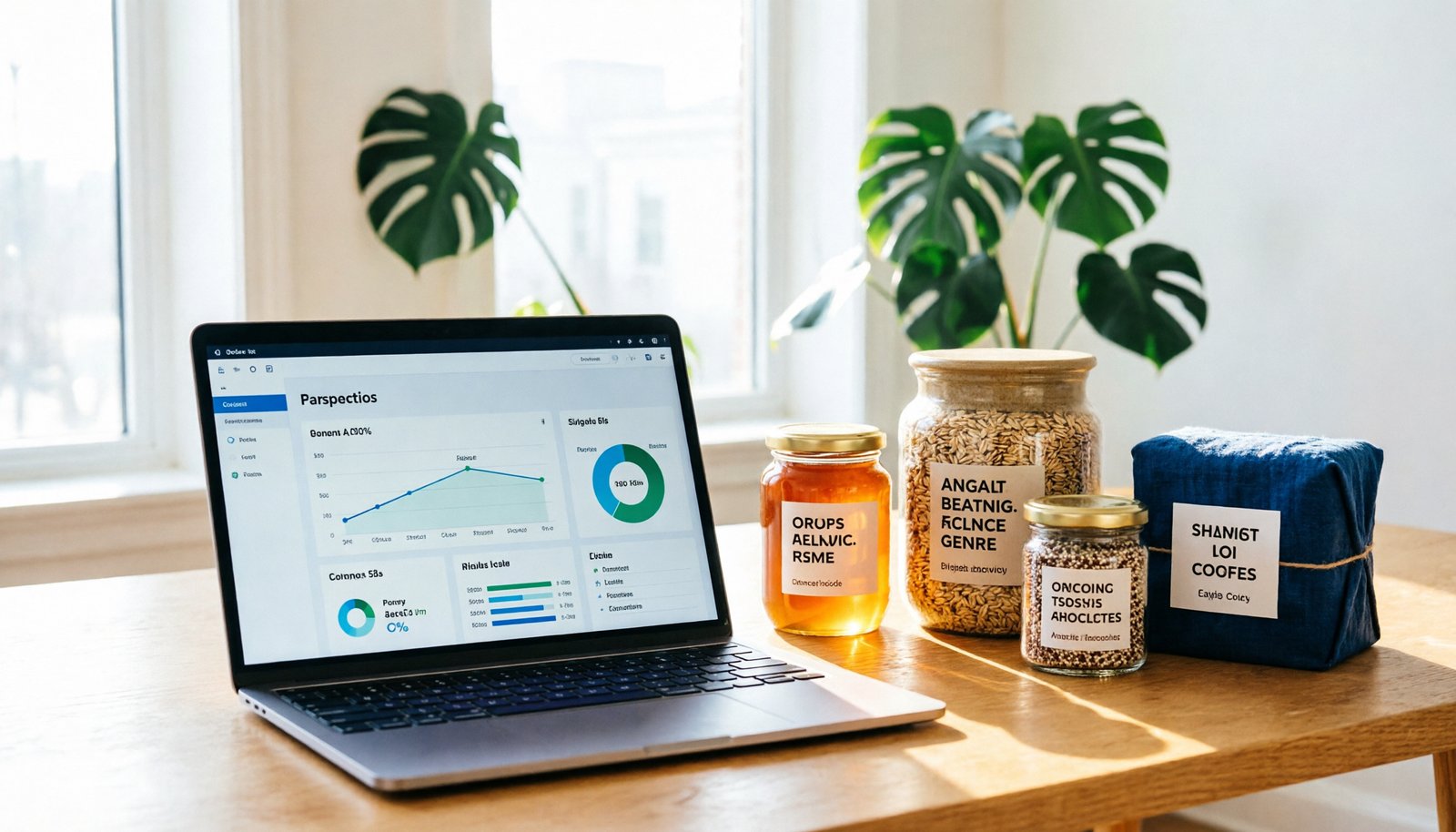 An organized home office setup for a professional organic food dropshipping business.