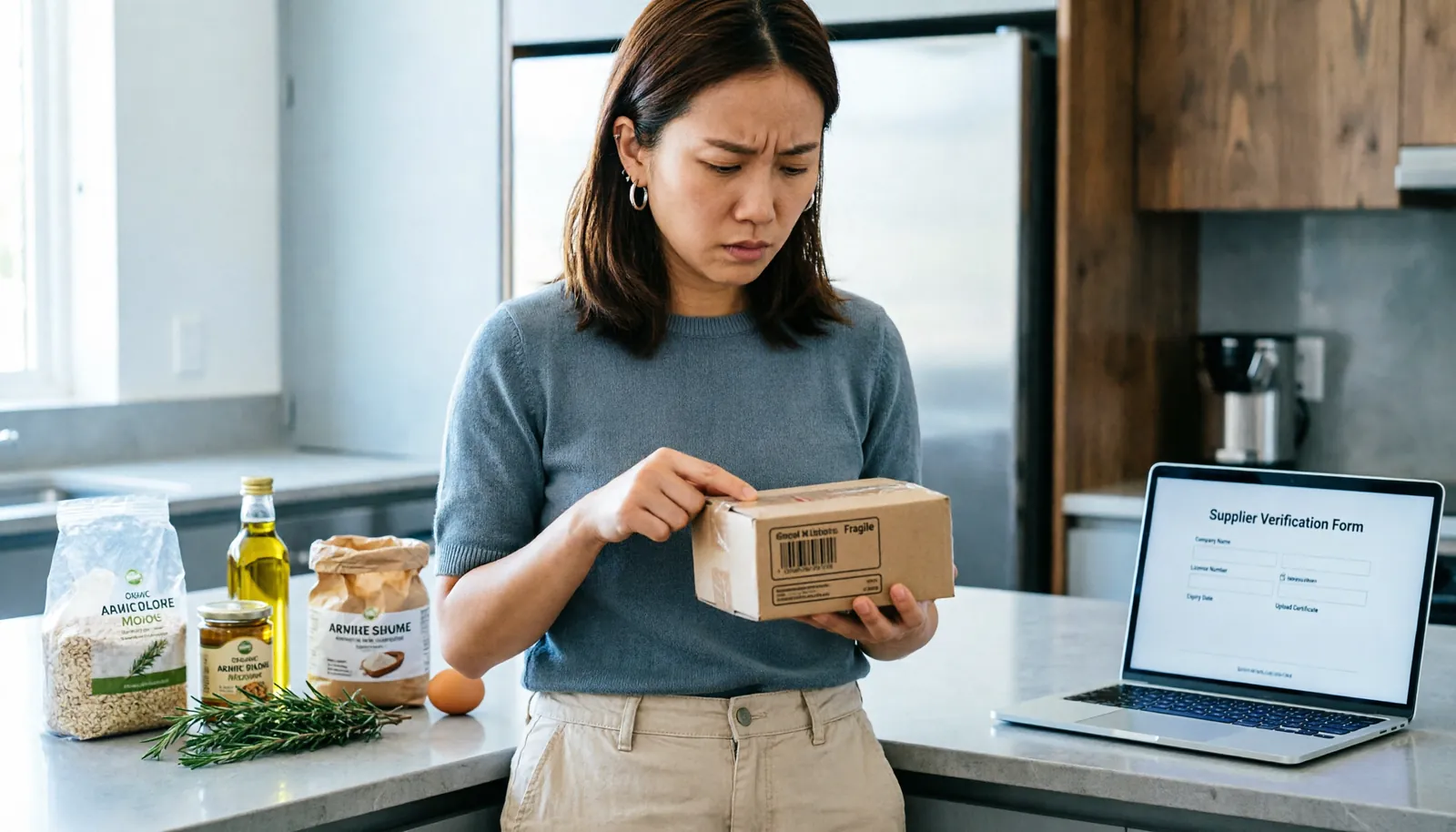 A person carefully evaluating inventory options for their organic food business.