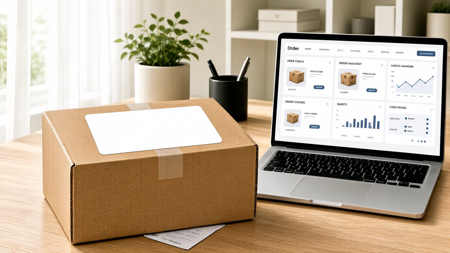 A professional shipping package on a desk representing dropshipping brand management.