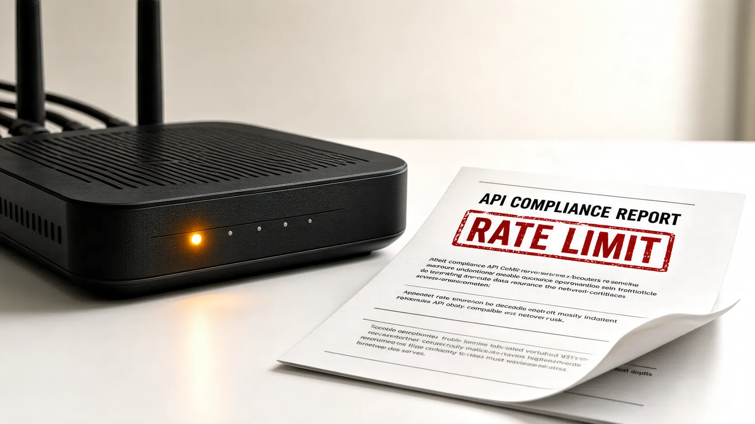 Router with amber warning light beside stamped document showing bot server rules