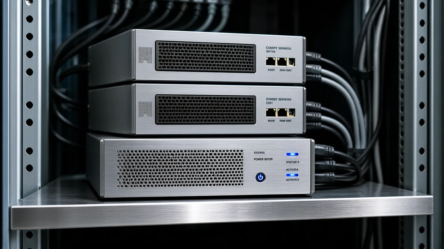 Stacked microservers with blue LEDs on metal shelf for scalable bot deployment